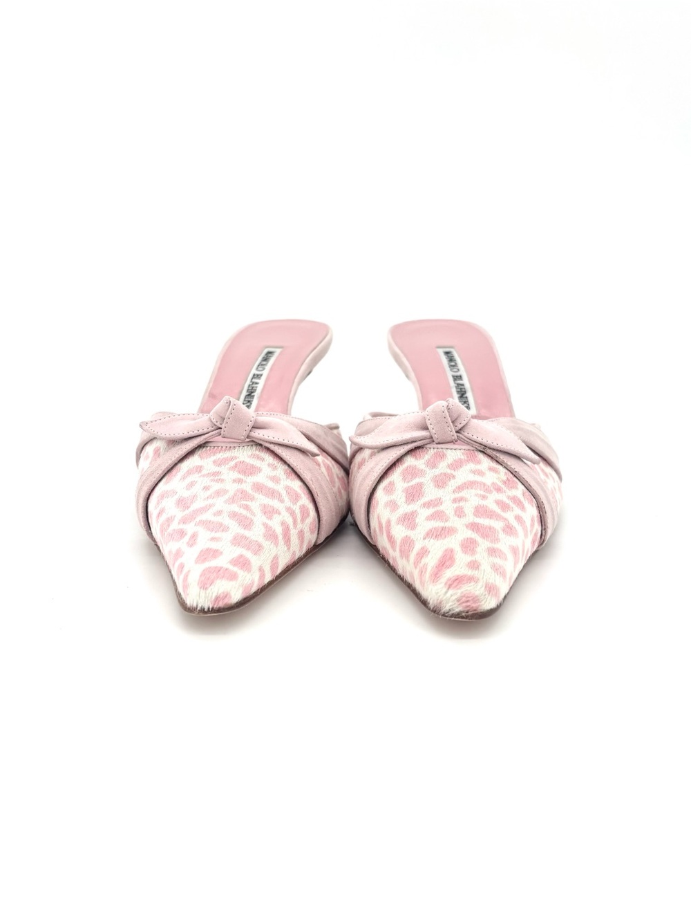Manolo Blahnik Bow Pink Leopard Print Ponyhair Pointed Toe Kitten Heel Mules 41 - Picture 3 of 11